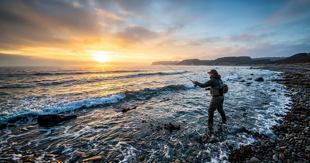 Angler casting over a Danish coastal shoreline